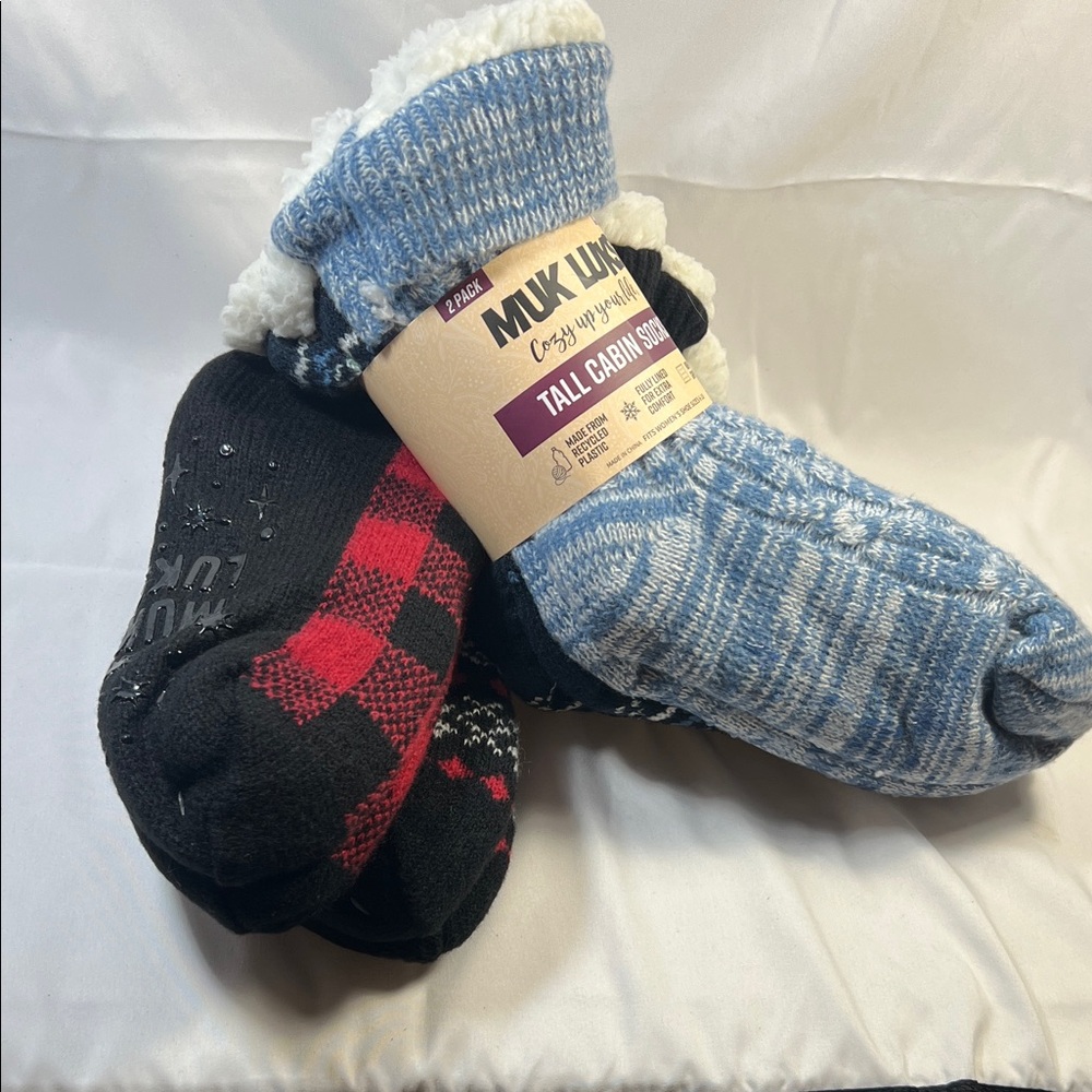 2 pack Muk Luks Cozy Tall Cabin Socks 2-Pack in Blue and Black with Red Check